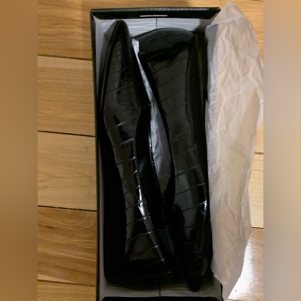 Black Croc PU Point Toe Flat Ballet Pumps